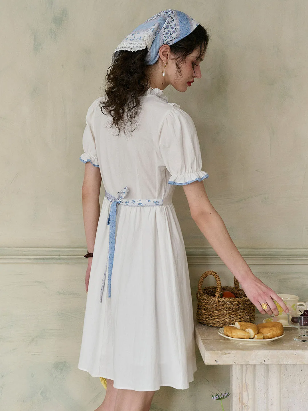 【Final Sale】Katie Lace Round Neck Striped Floral Contrast Puff Sleeve Patchwork Cotton Dress