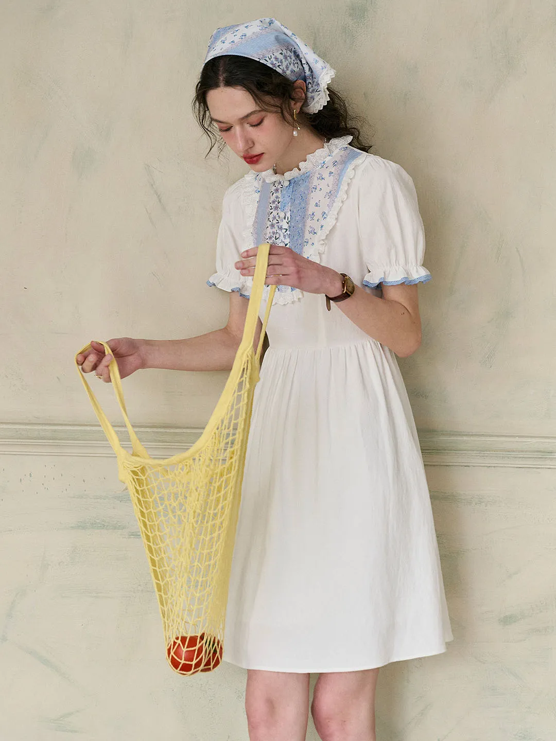 【Final Sale】Katie Lace Round Neck Striped Floral Contrast Puff Sleeve Patchwork Cotton Dress
