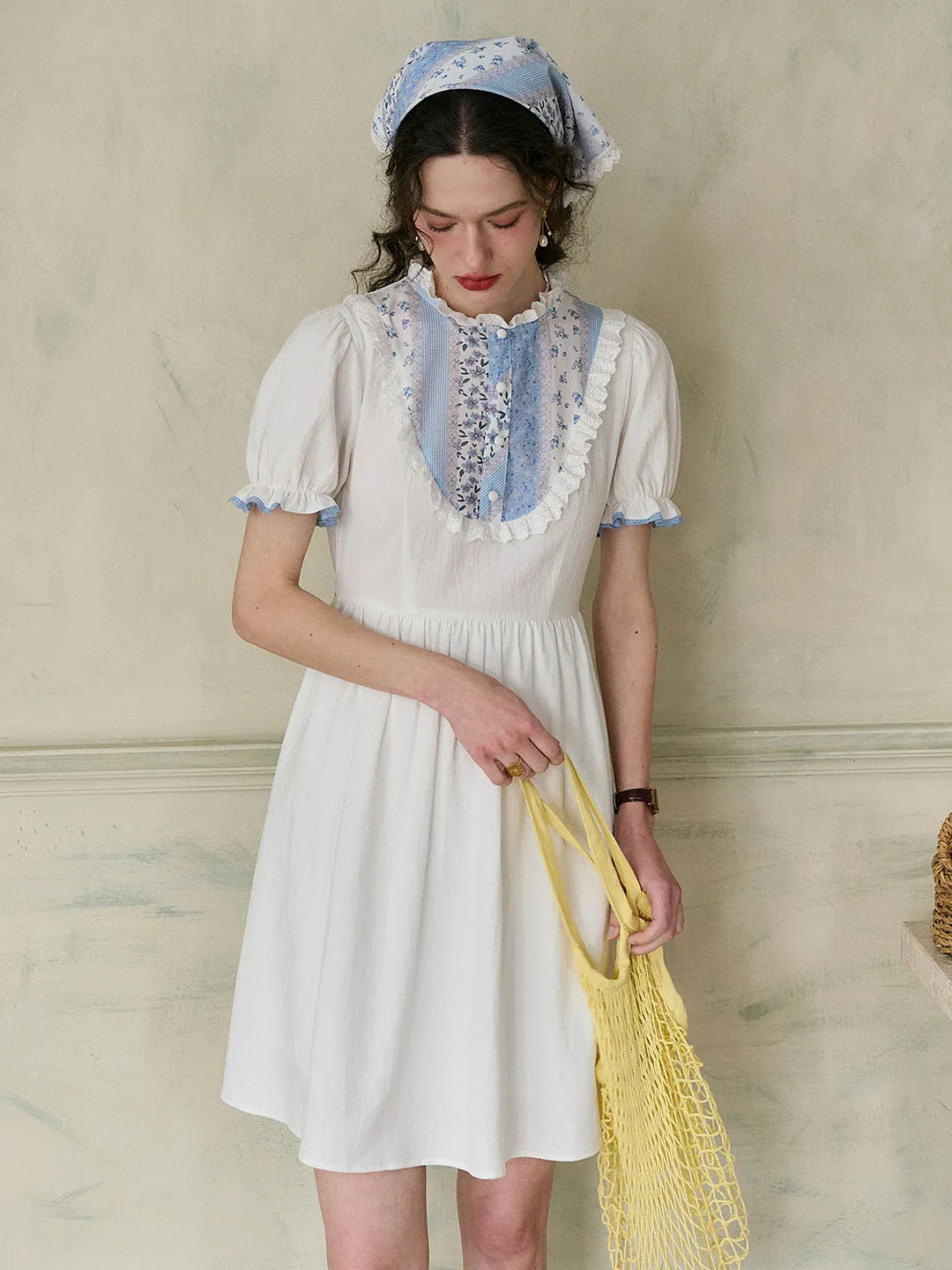 【Final Sale】Katie Lace Round Neck Striped Floral Contrast Puff Sleeve Patchwork Cotton Dress