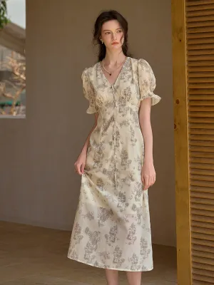 【Final Sale】Xena V-Neck Floral Puff Sleeve Dress