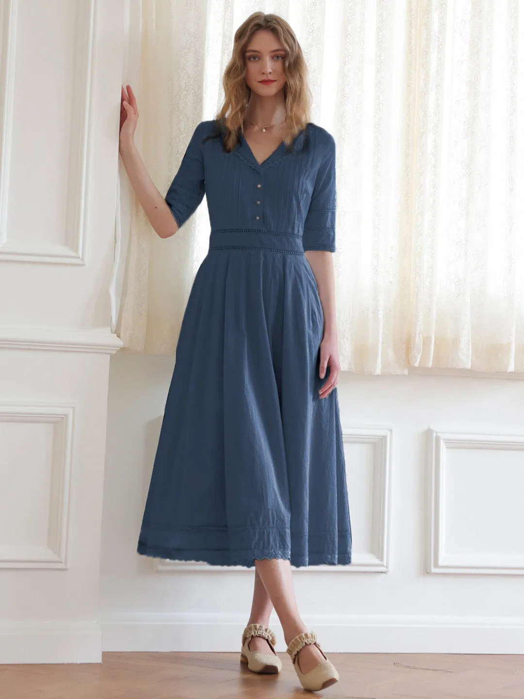 Fiona 100% Cotton Red Midi Dress