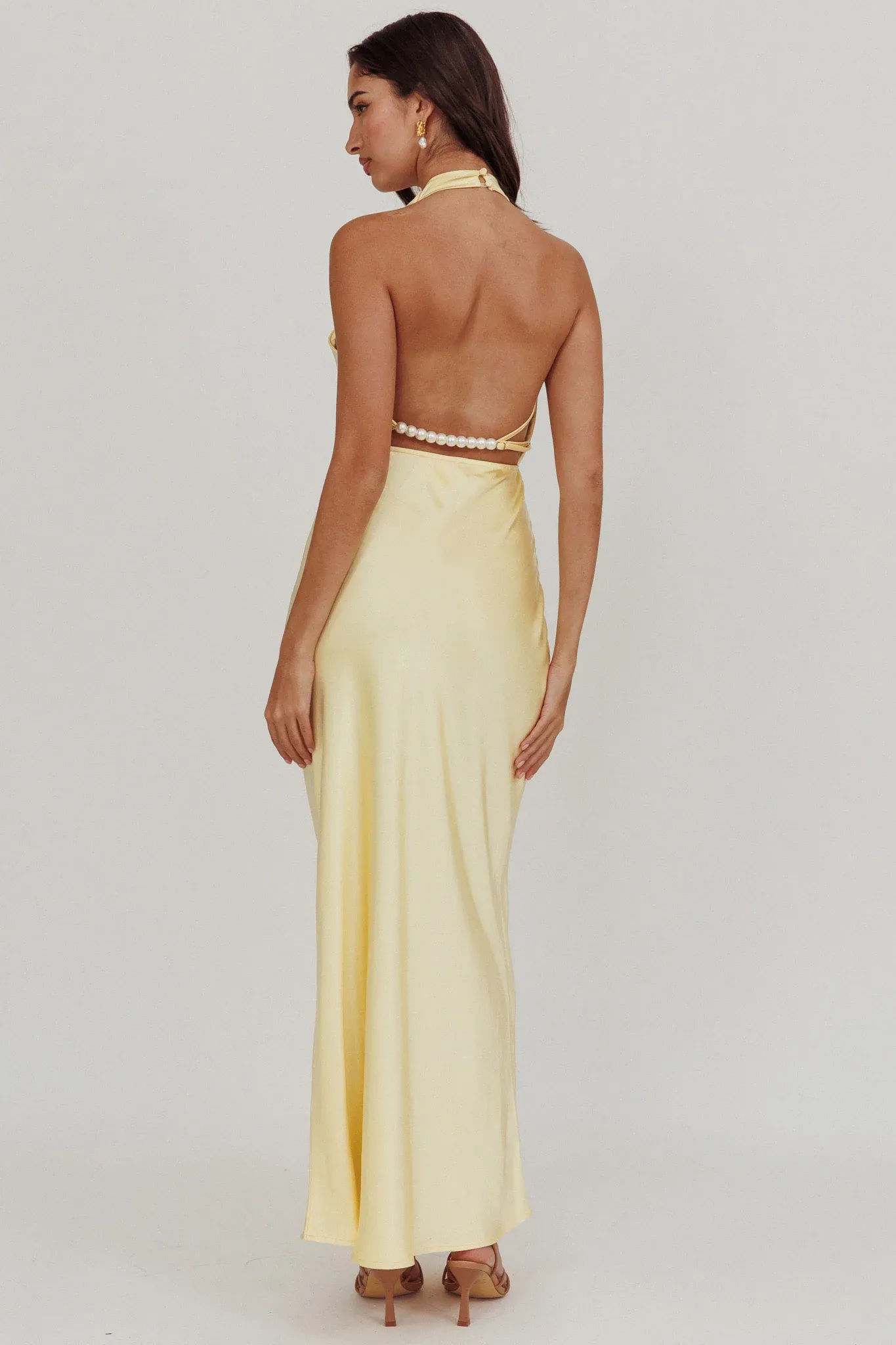 Gelato Pearl Strap Halter Maxi Dress Butter