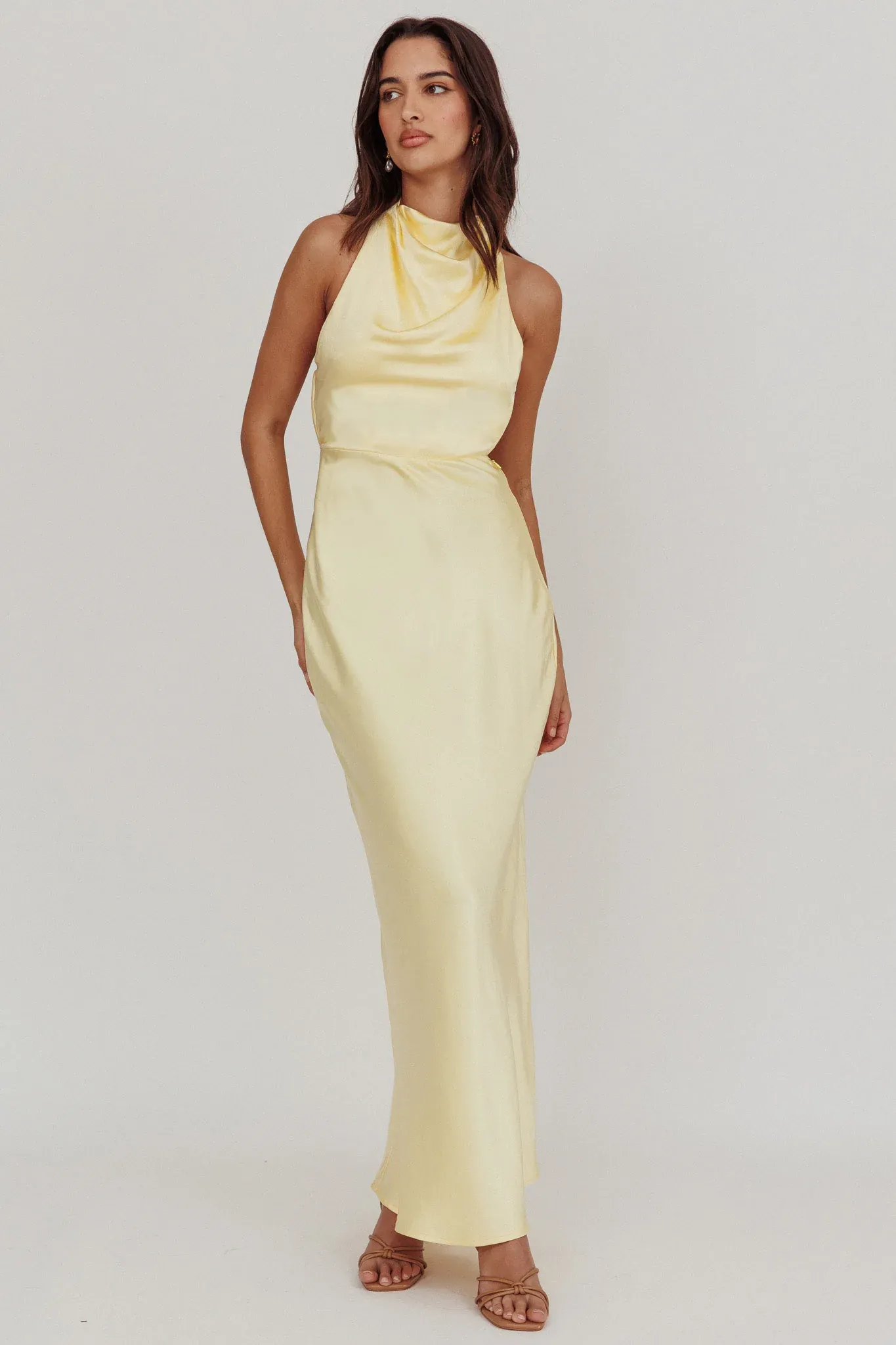 Gelato Pearl Strap Halter Maxi Dress Butter