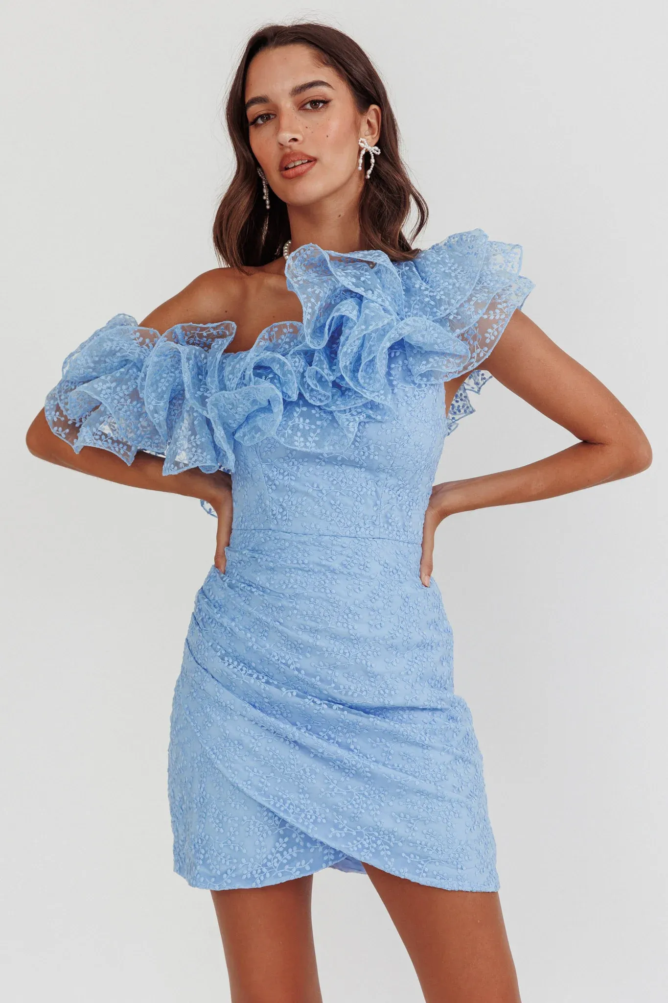 Hollyn One-Shoulder Ruffle Mini Dress Baby Blue