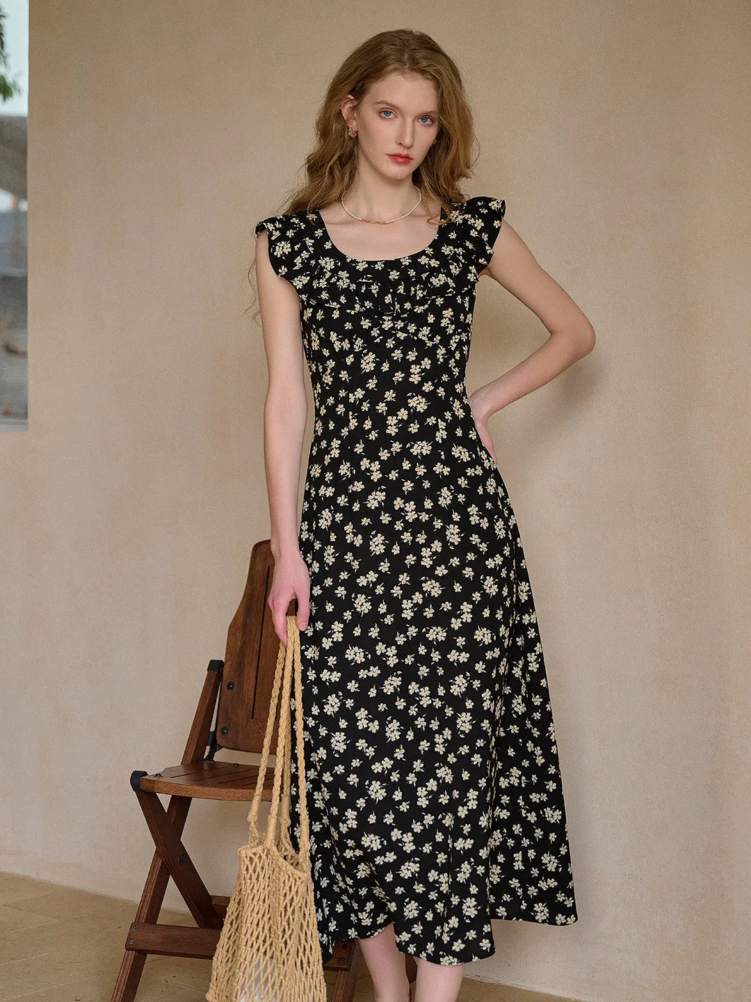 Ingrid Round Neck Ruffle Sleeve Dress