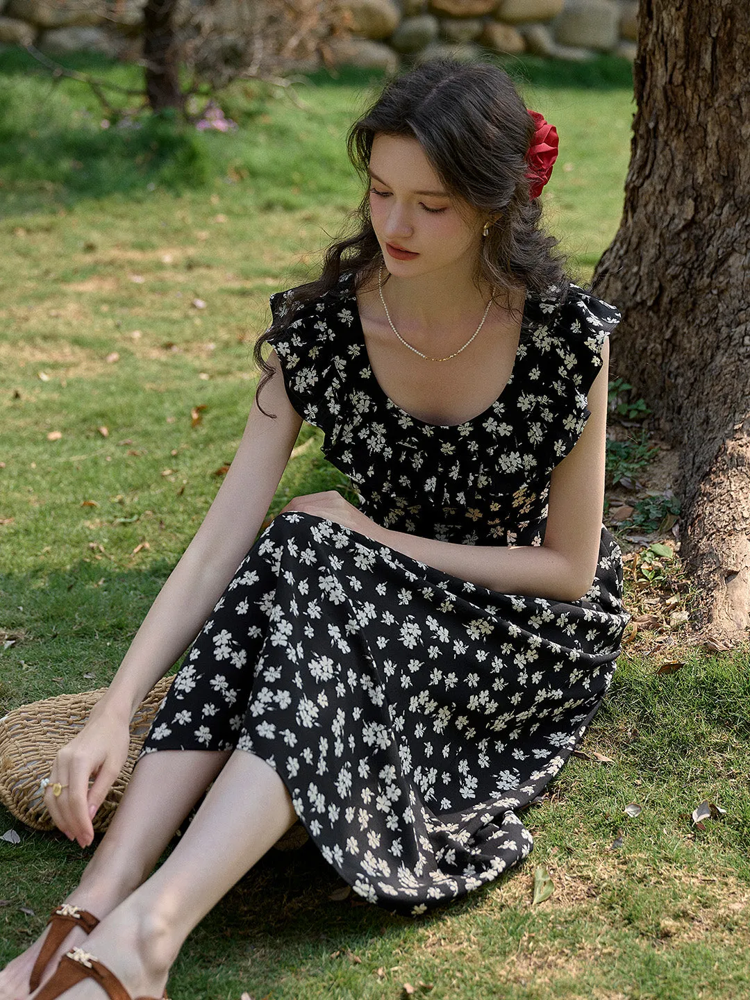 Ingrid Round Neck Ruffle Sleeve Dress