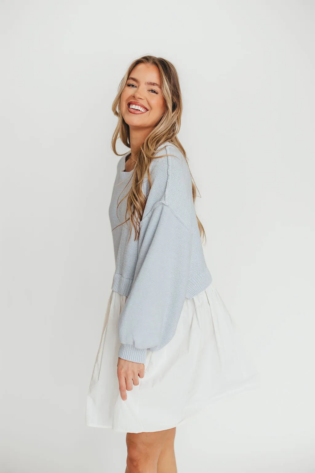 Isabella Combination Mini Dress in Light Blue/White