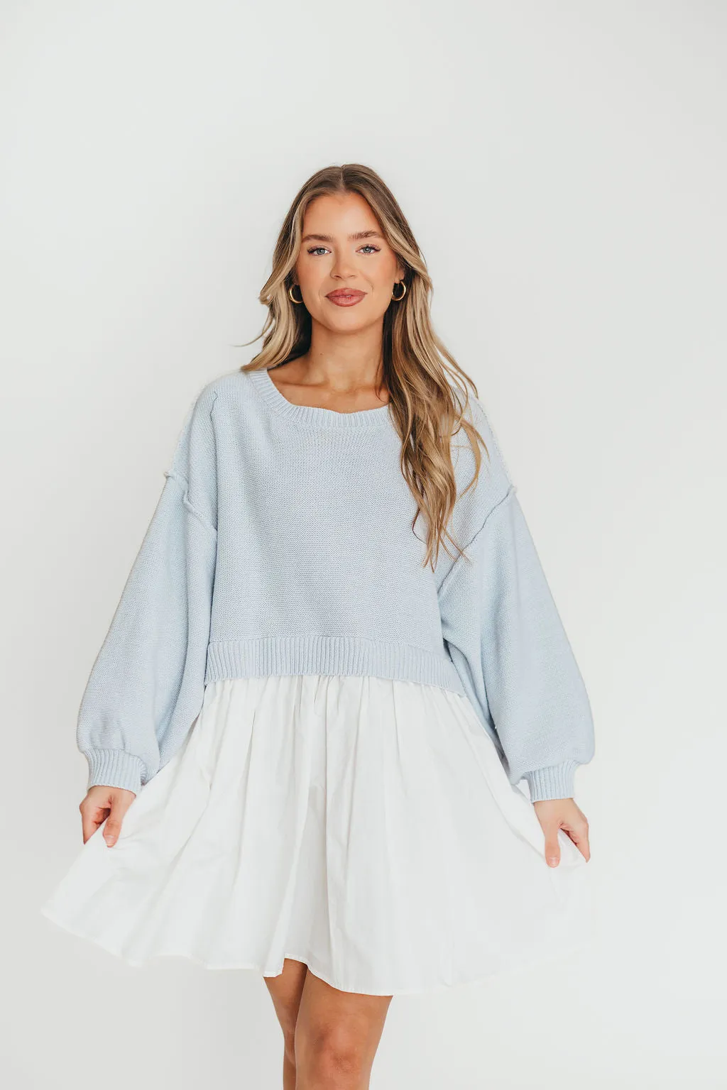 Isabella Combination Mini Dress in Light Blue/White