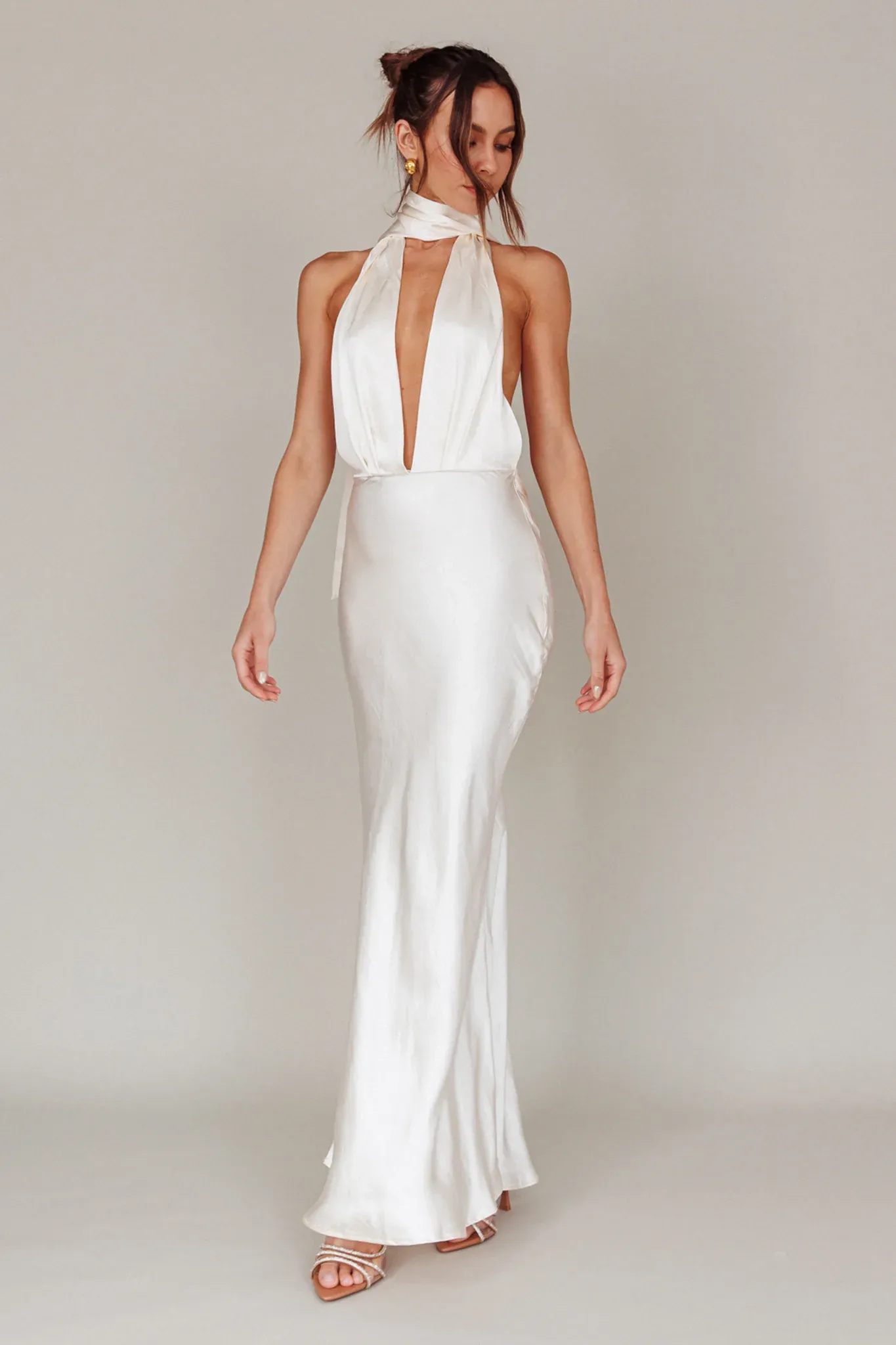 Italia Azure Halterneck Maxi Dress Oyster