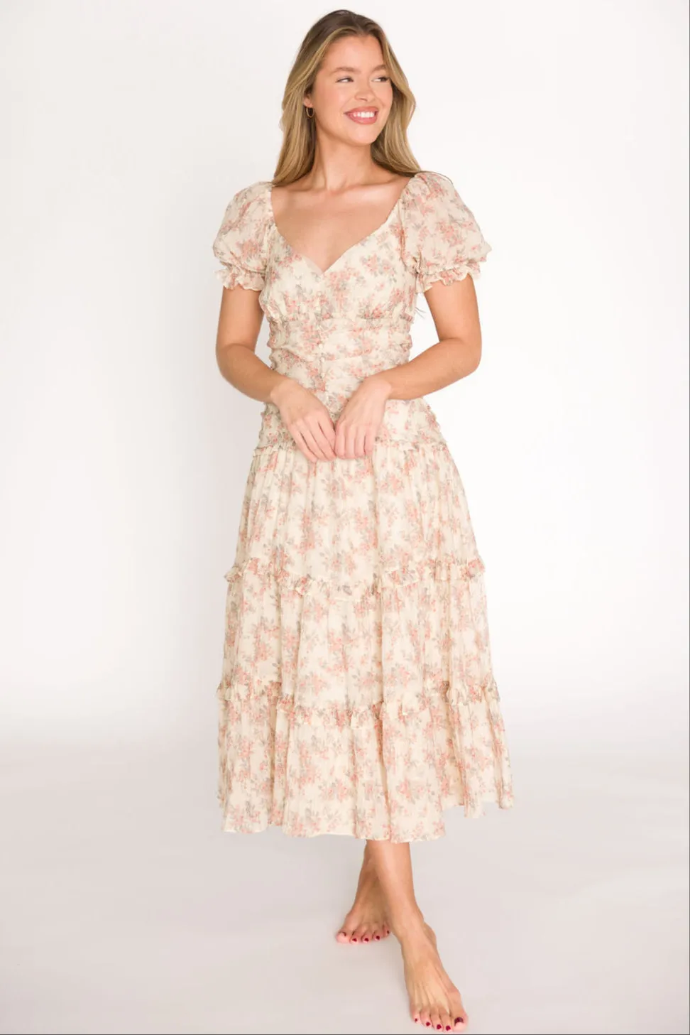 Jenna Ruffled Maxi Sundress in Cream/Multi Floral