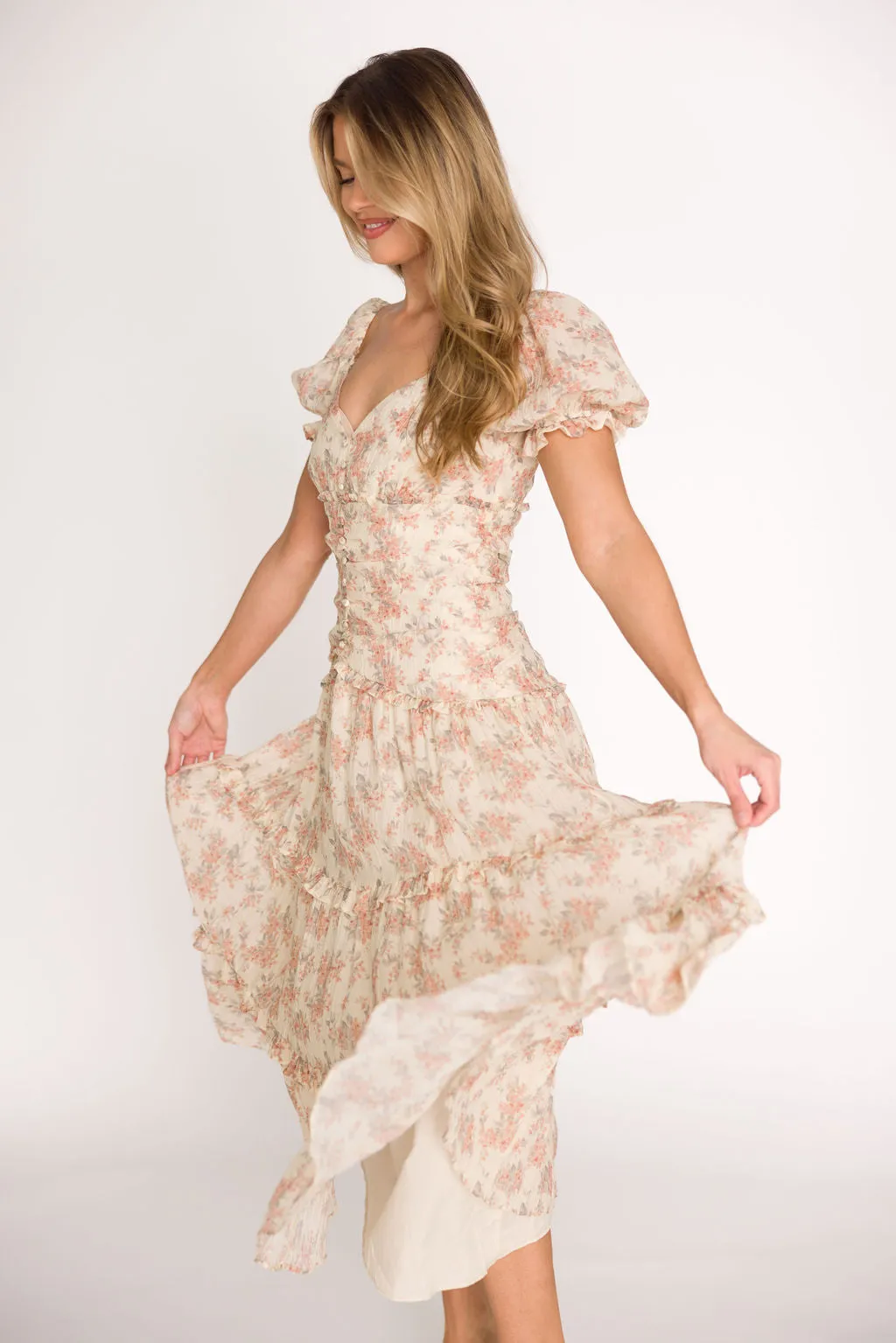 Jenna Ruffled Maxi Sundress in Cream/Multi Floral