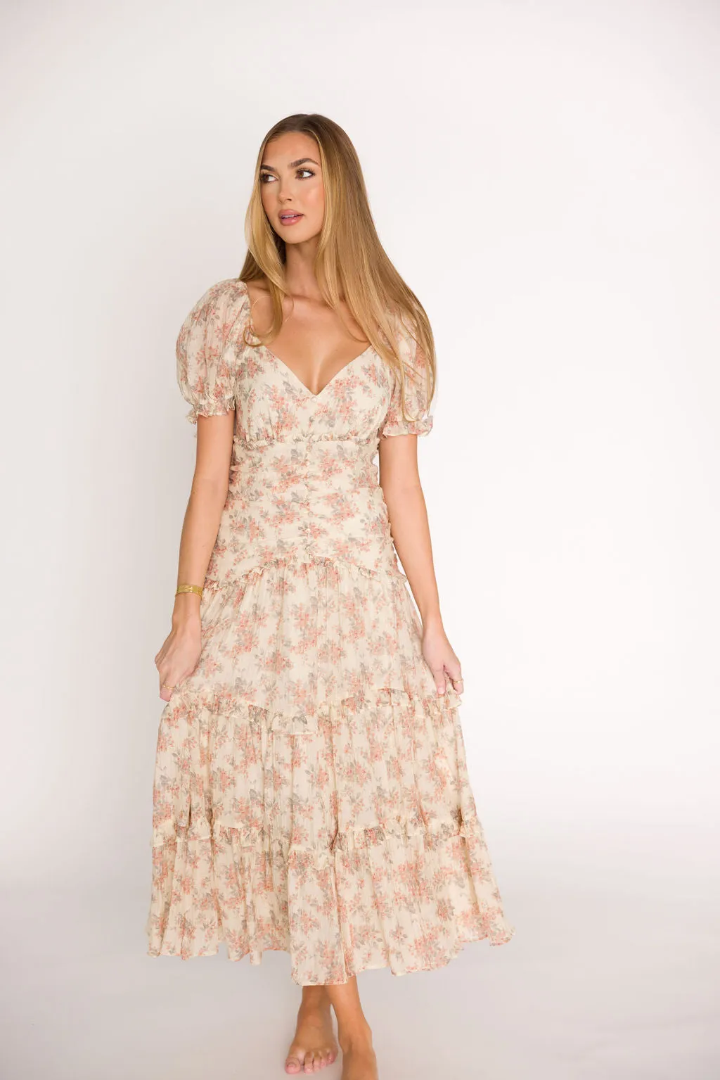 Jenna Ruffled Maxi Sundress in Cream/Multi Floral