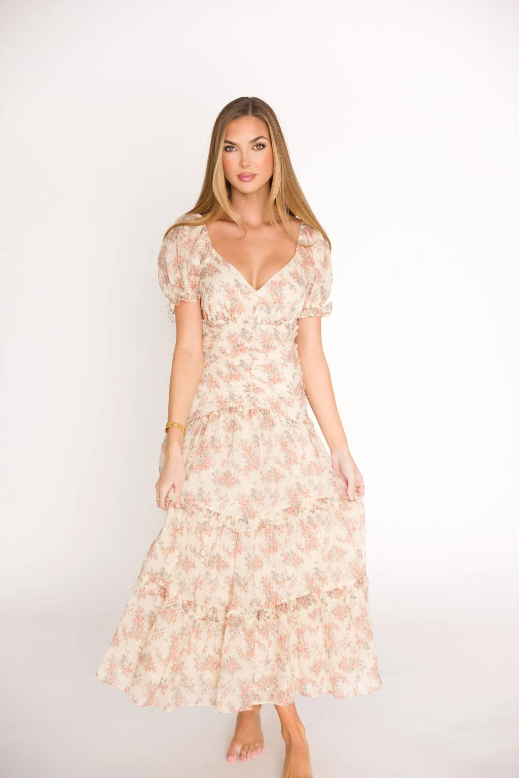 Jenna Ruffled Maxi Sundress in Cream/Multi Floral
