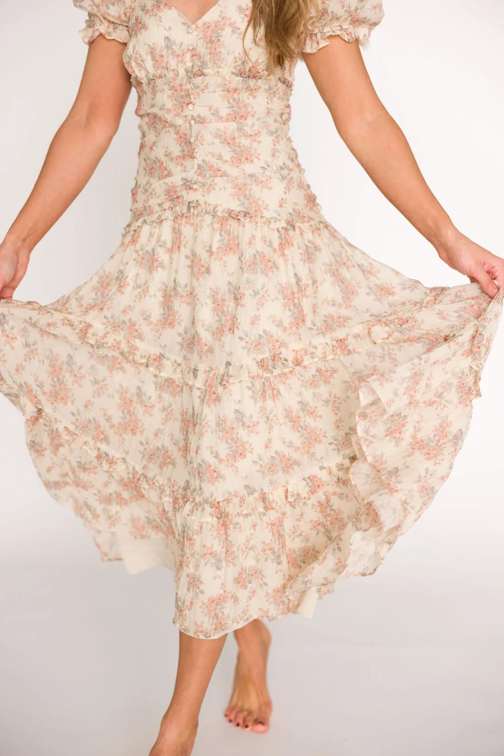 Jenna Ruffled Maxi Sundress in Cream/Multi Floral