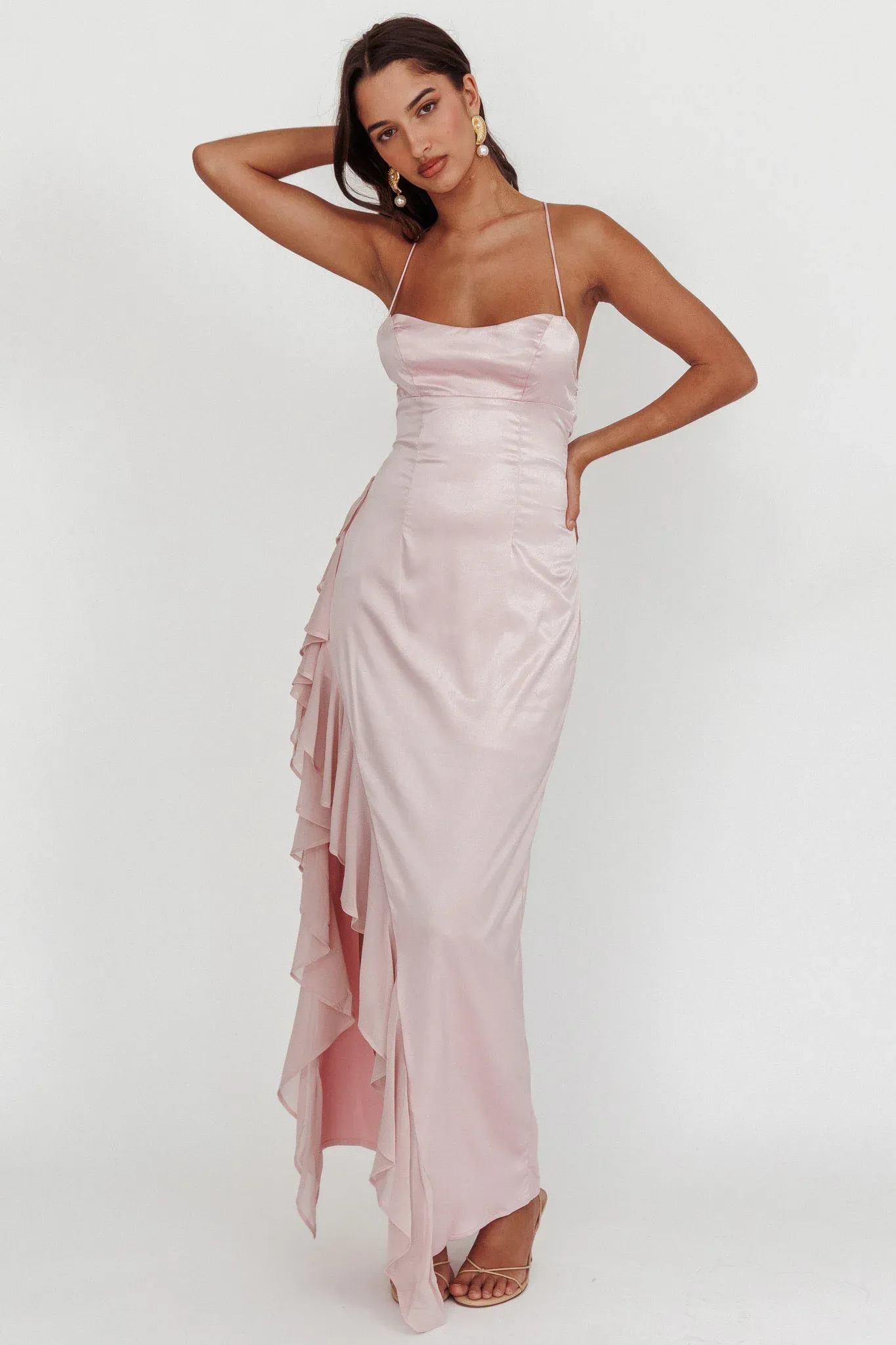 Katarina Satin Ruffle Hem Maxi Dress Cheek