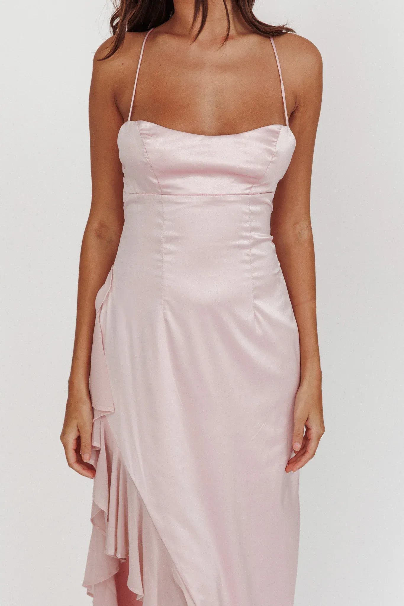 Katarina Satin Ruffle Hem Maxi Dress Cheek
