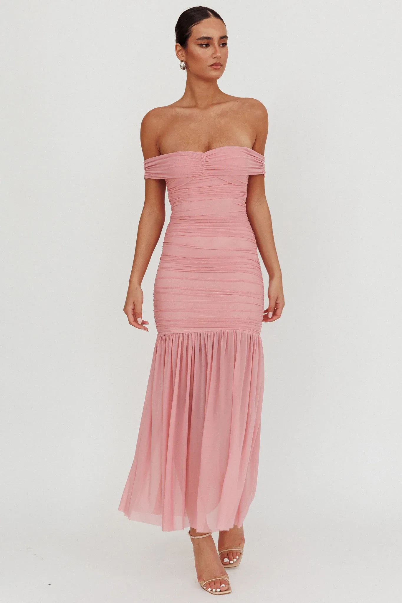 La Salle Off Shoulder Mesh Maxi Dress Pink