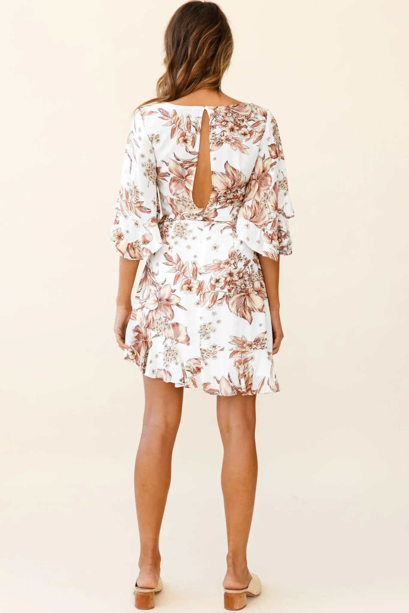 Make It Happen Flared Sleeve Ruffle Trim Dress Tropical Print White