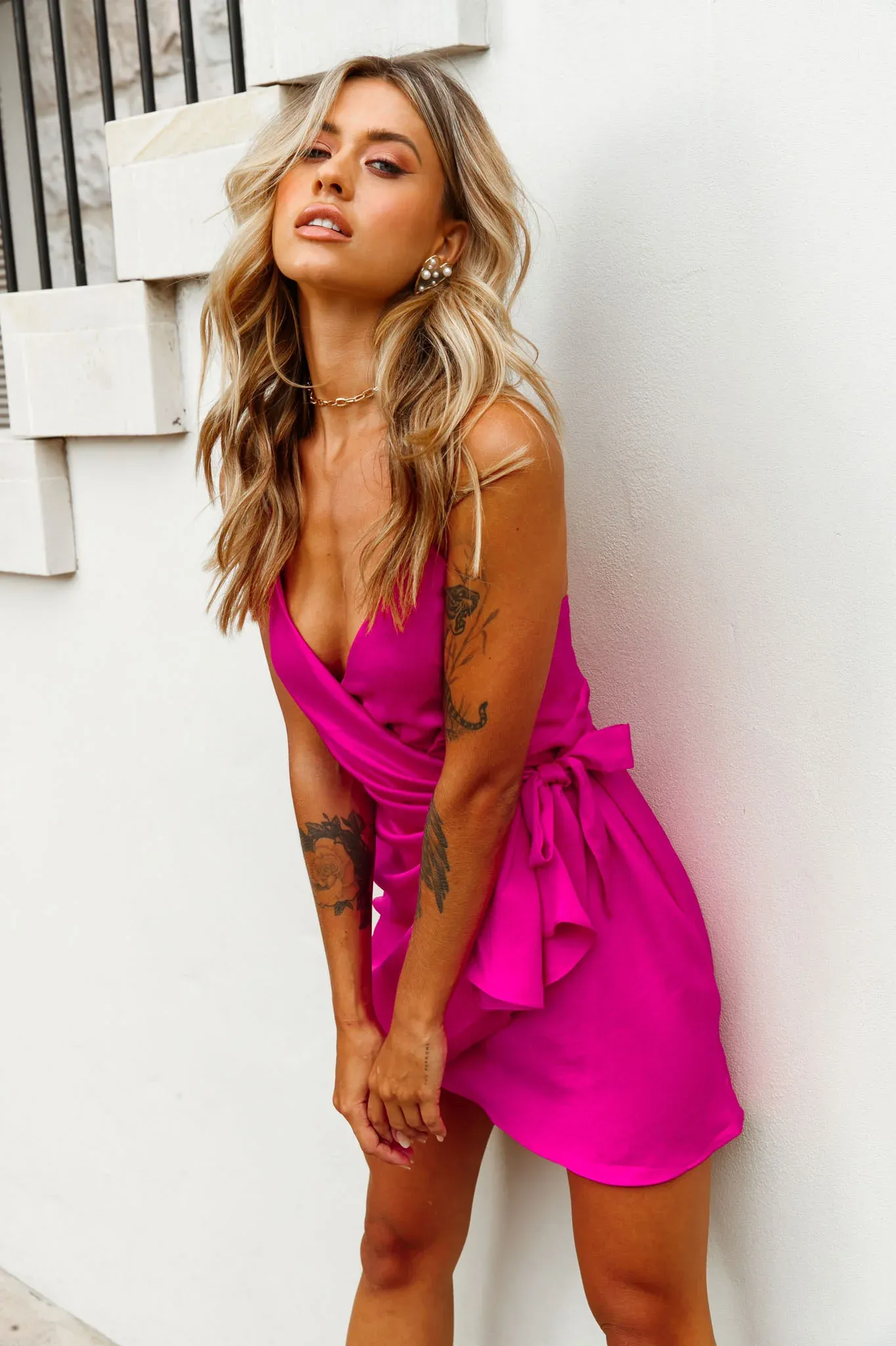 Medellin Gathered Detail Side-Tie Wrap Dress Hot Pink