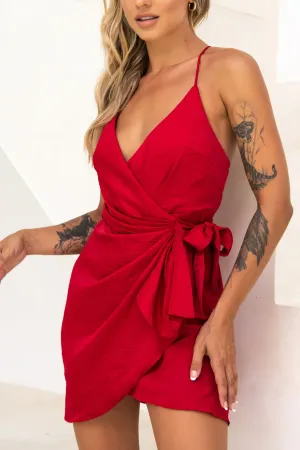 Medellin Gathered Detail Side-Tie Wrap Dress Red