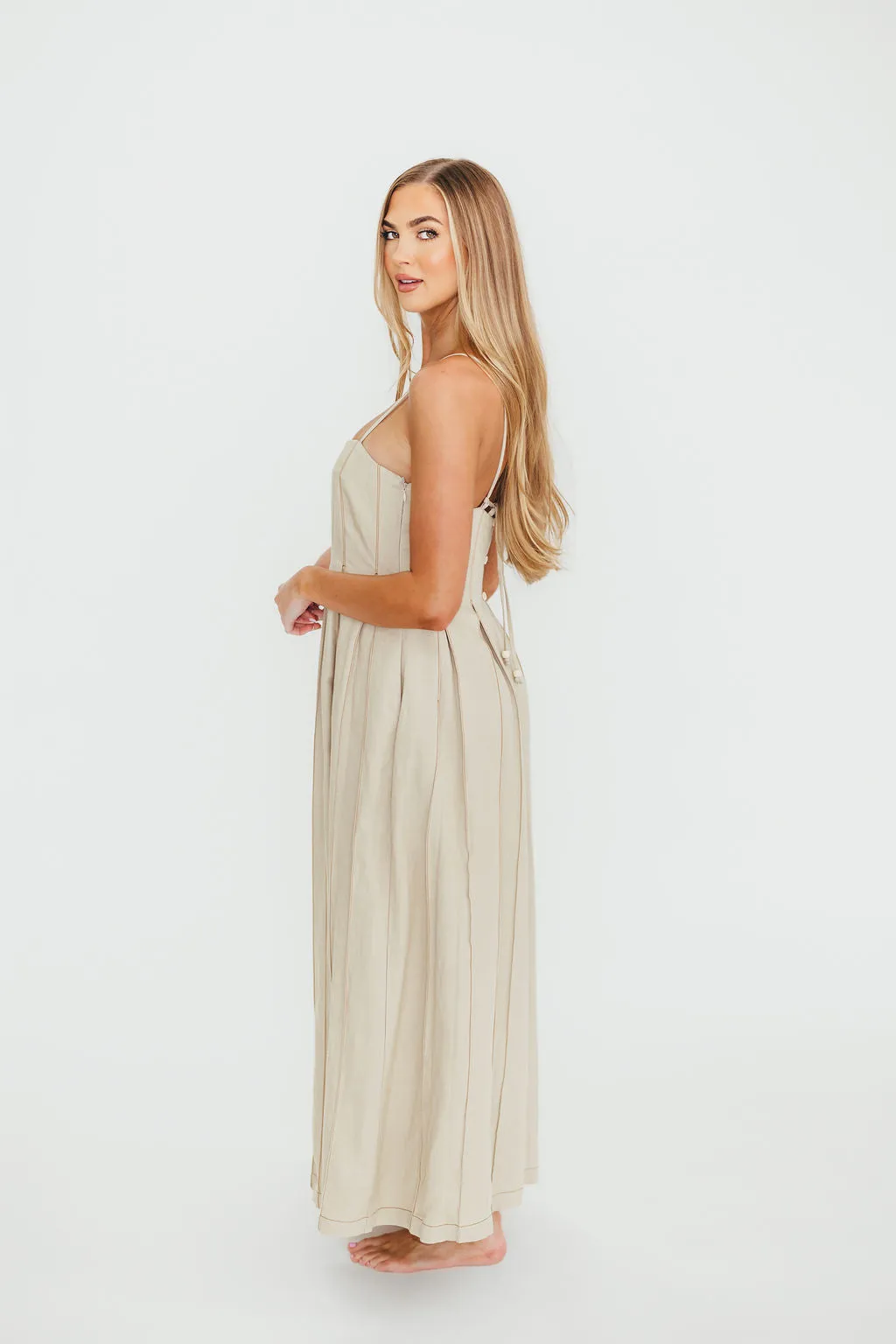 Mei Linen Stitch Maxi Dress in Khaki