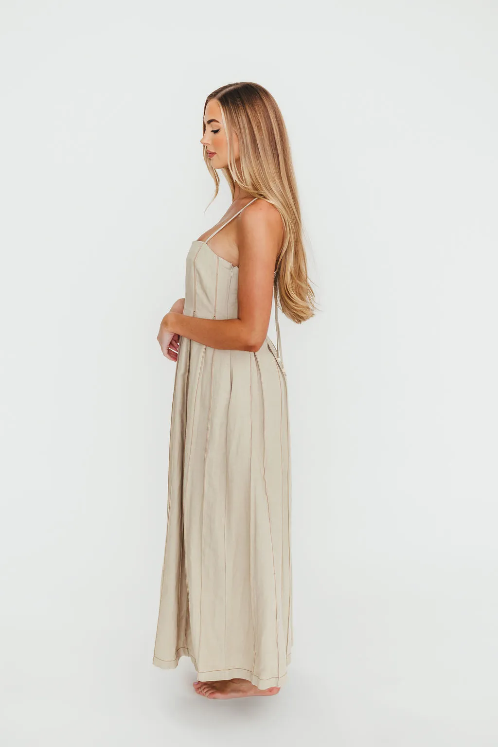 Mei Linen Stitch Maxi Dress in Khaki