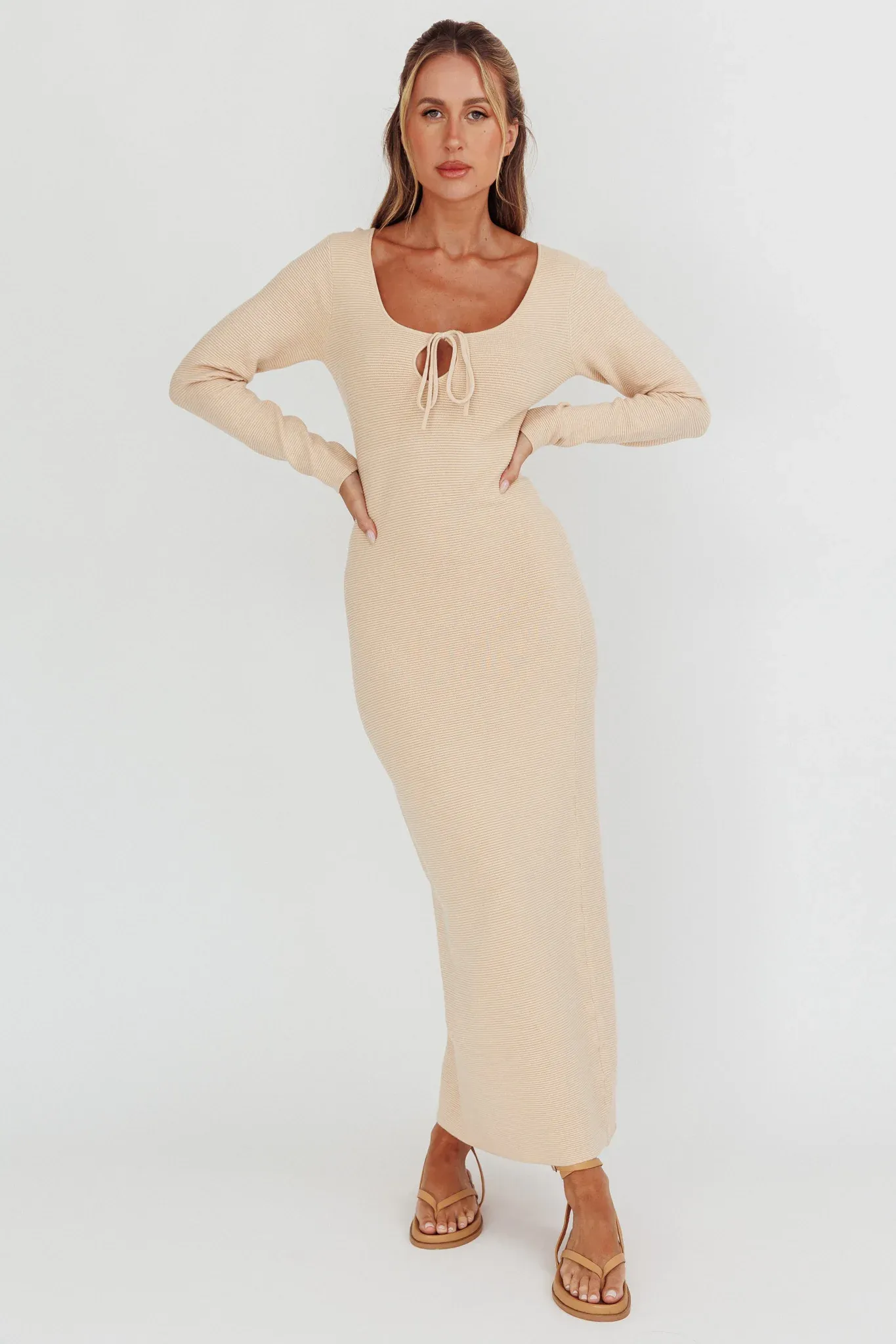 Merine Long Sleeve Knit Maxi Dress Sand