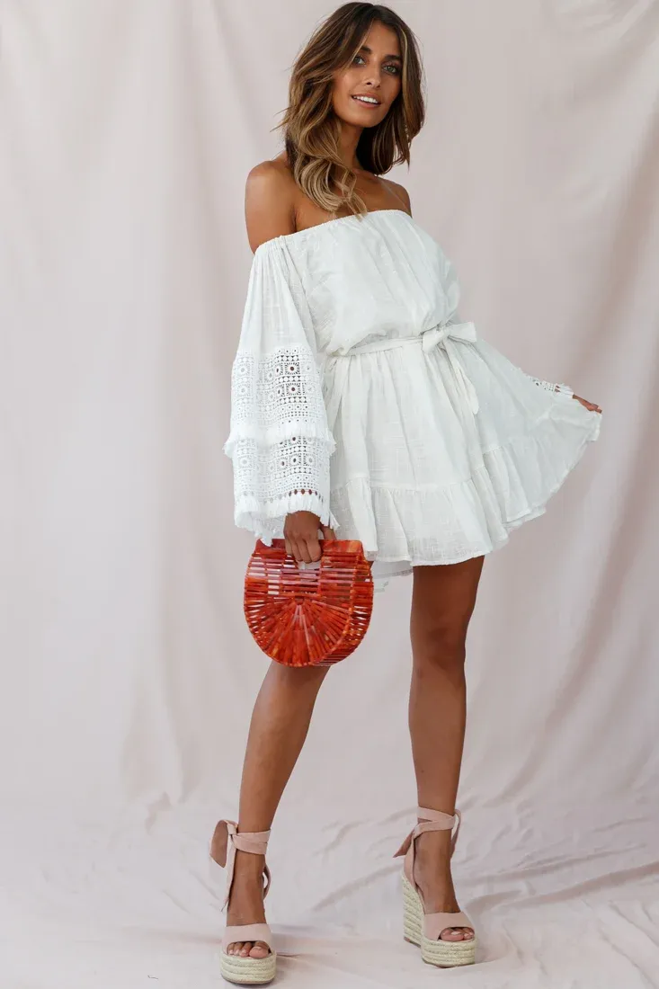 Mona Off-Shoulder Embellished Sleeve Dress White