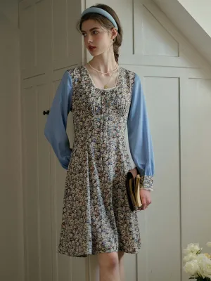 Nicole Square Neck Bow Floral Print Lace Contrast Dress