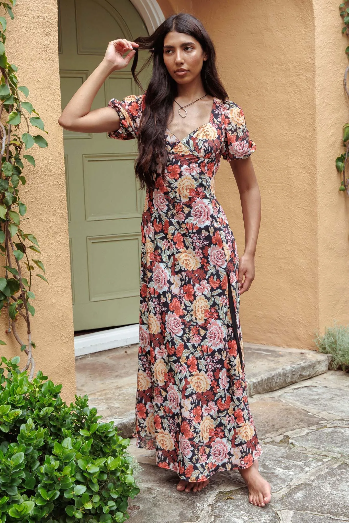 Open Doors Puff Sleeve Split Maxi Dress Multi