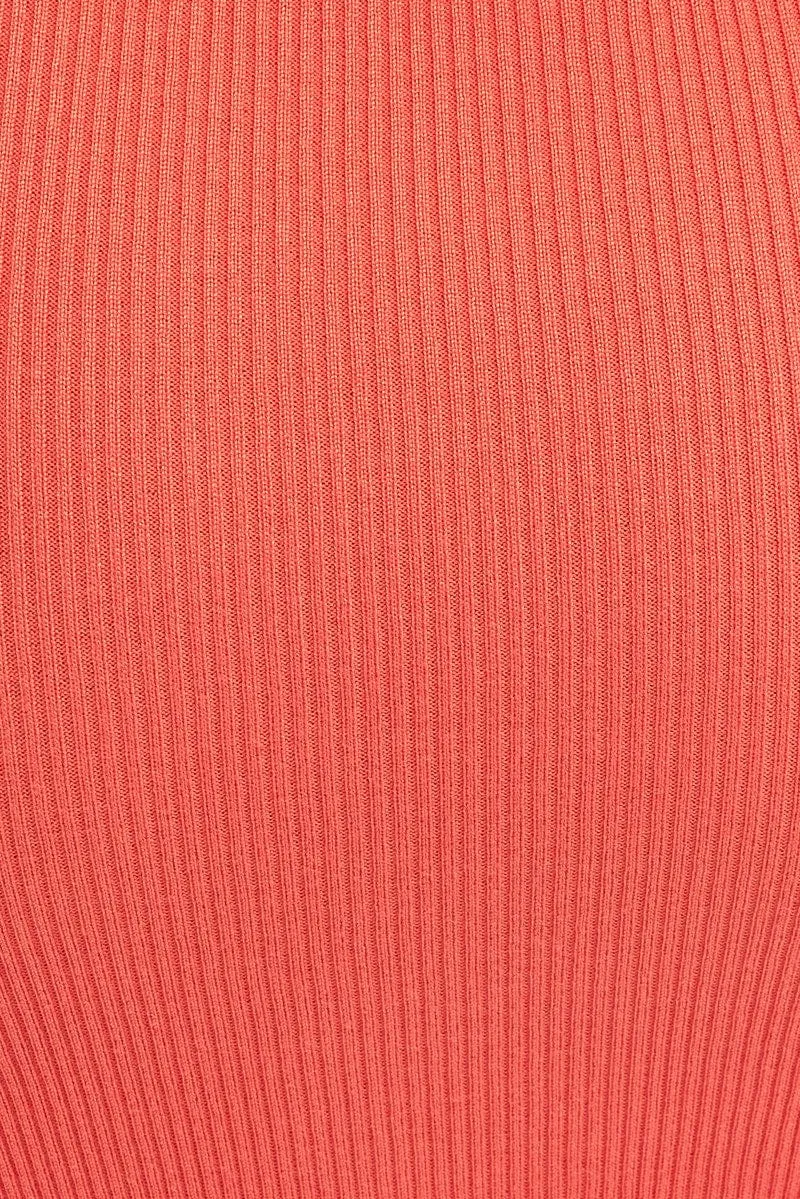 Orange Midi Dress Bodycon Round Neck Ribbed Knit