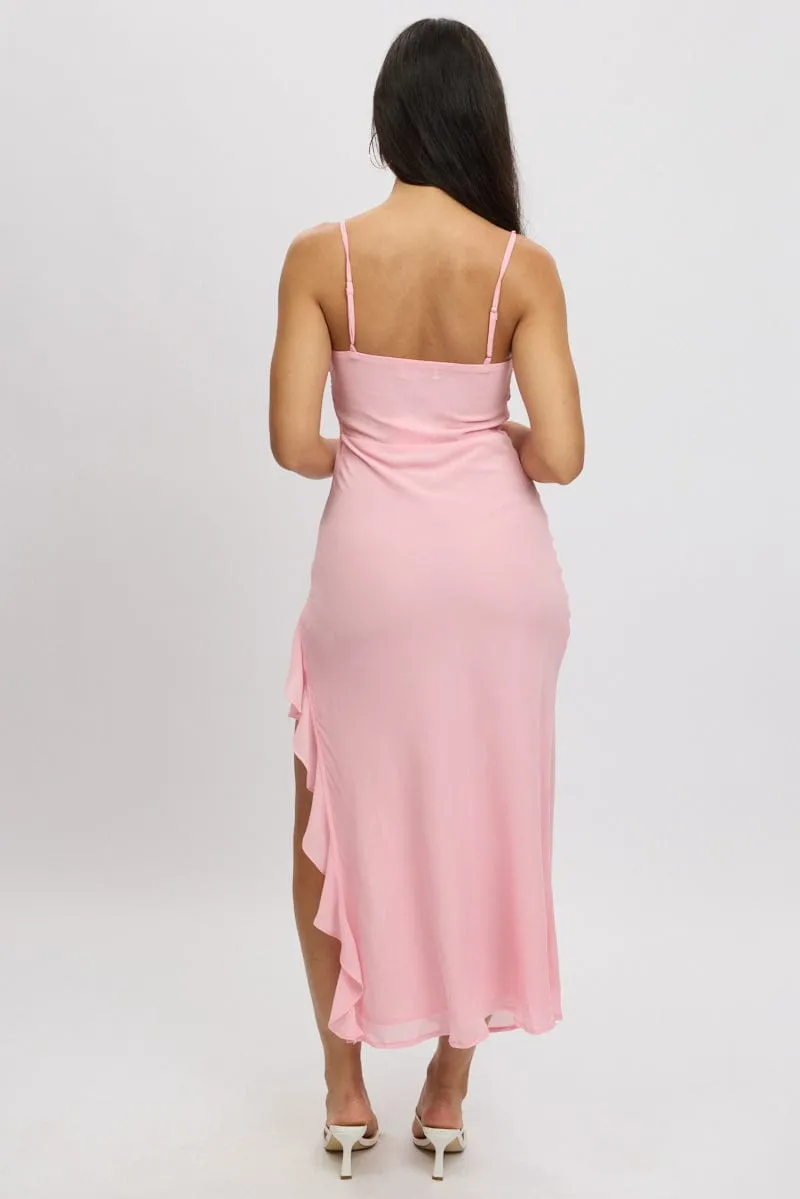 Pink Bodycon Dress Maxi Ruffle Slit Chiffon