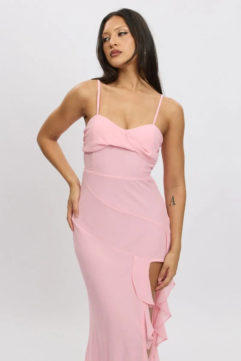 Pink Bodycon Dress Maxi Ruffle Slit Chiffon