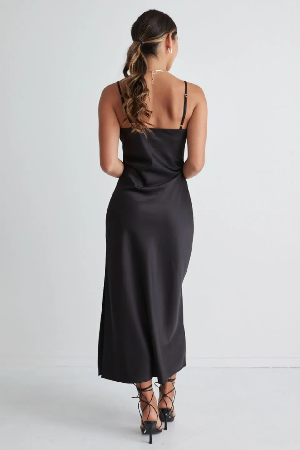 Rapture Black Satin Strappy Mock Wrap Midi Dress