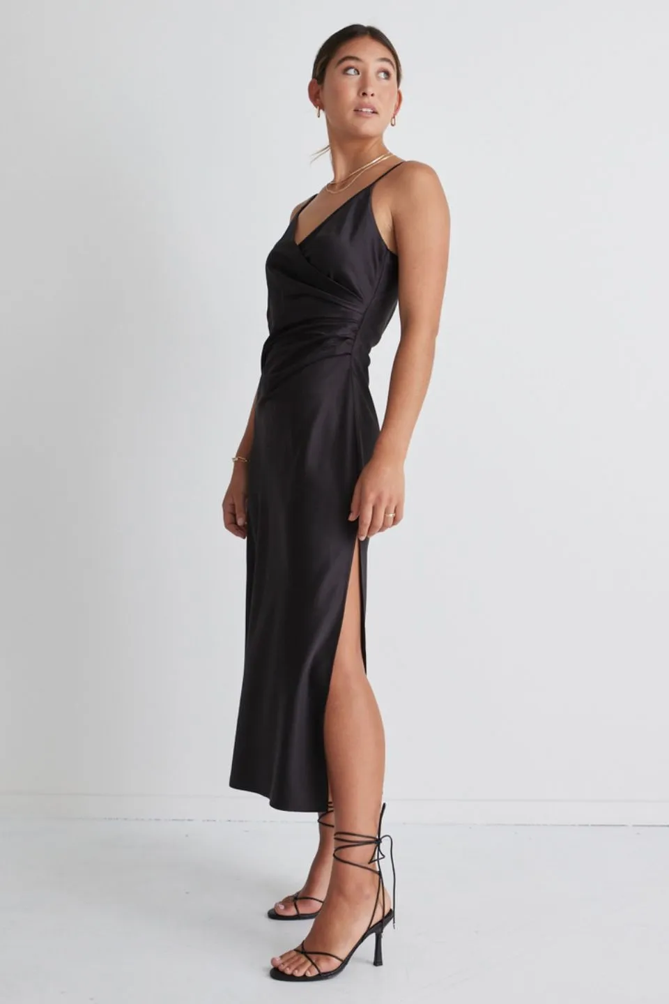 Rapture Black Satin Strappy Mock Wrap Midi Dress