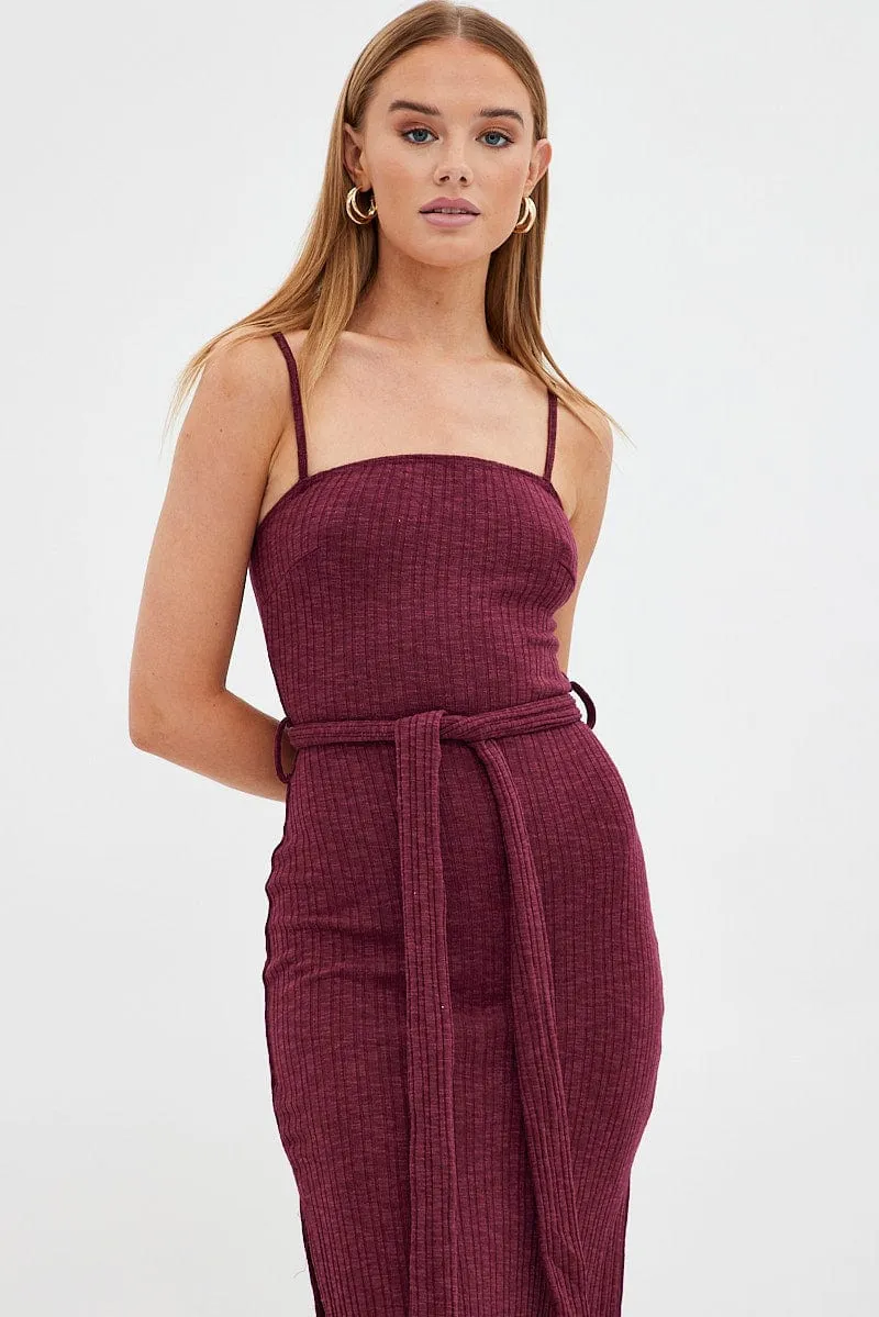 Red Maxi Dress Bodycon Tie Belted Rib