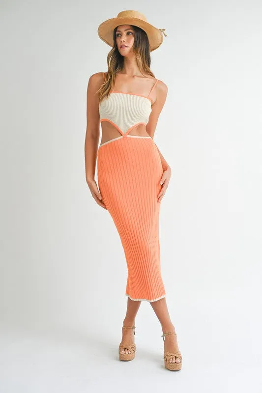 RIBBED KNIT COLOR BLOCK CUTOUT MIDI