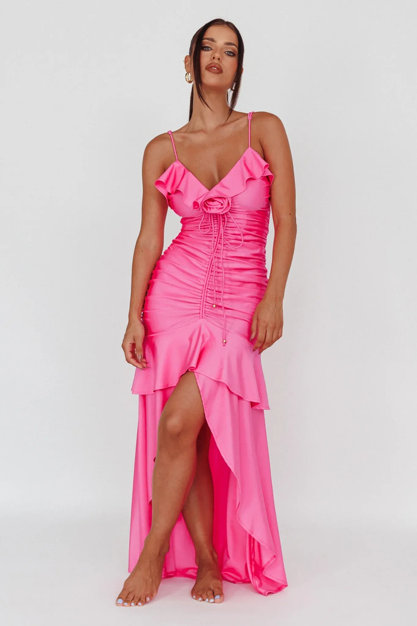 Rosalia Ruched Ruffle Maxi Dress Fuchsia