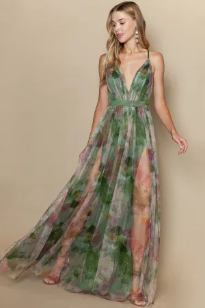 Sasha Tulle Maxi Dress in Multi Green