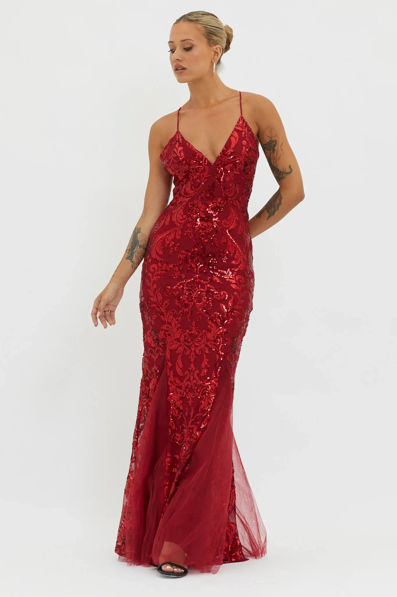 Serenade Song Godet Hem Sequin Maxi Dress Red