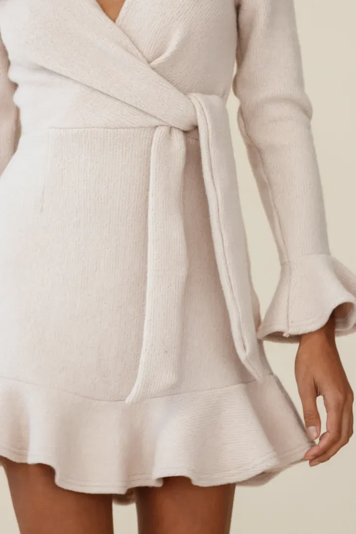 Shalini Flared Cuff Surplice Neckline Knit Dress Beige