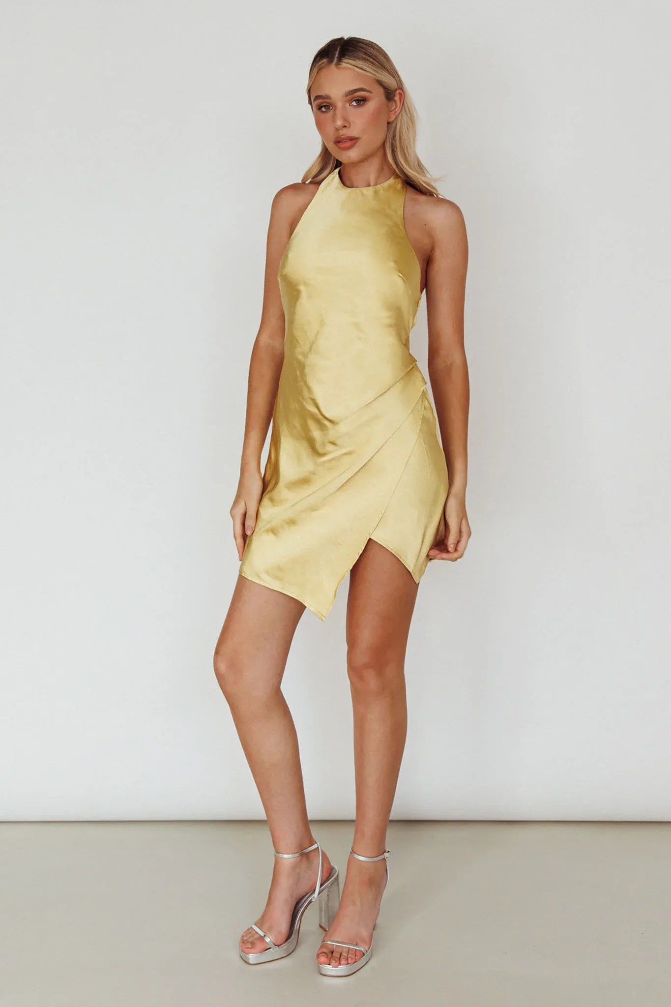 Sonoma Halterneck Faux Wrap Twist Back Mini Dress Lemon