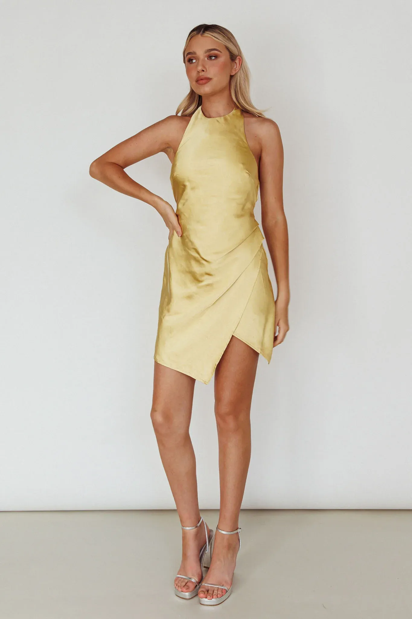 Sonoma Halterneck Faux Wrap Twist Back Mini Dress Lemon
