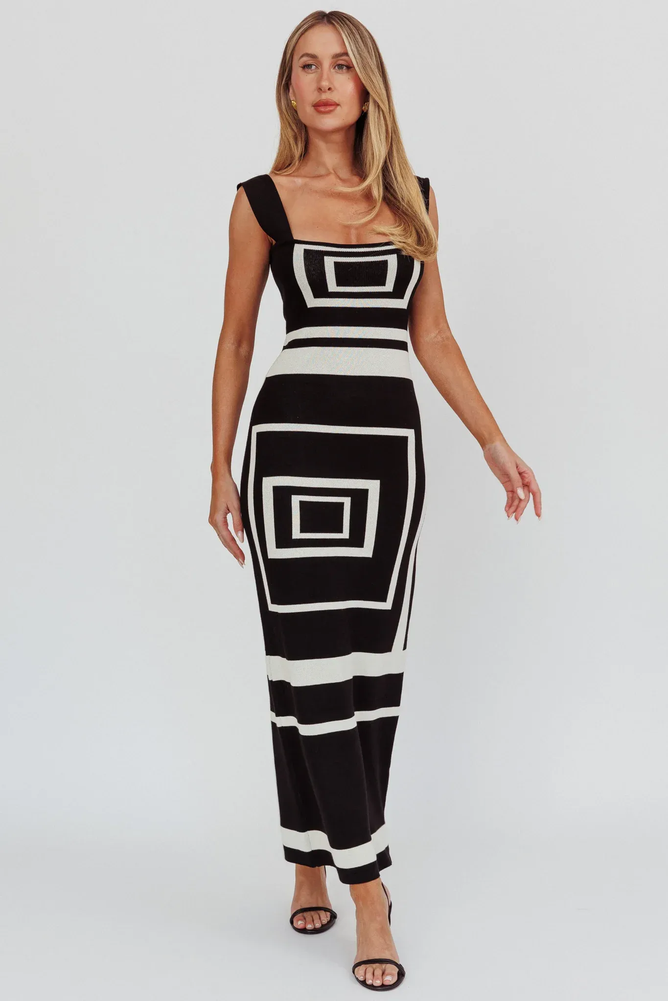 Stargazing Square Print Knit Maxi Dress Black