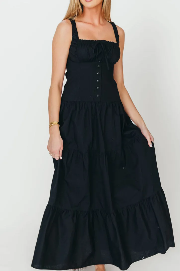 Sutton Corset Button Down Tiered Maxi Dress in Black