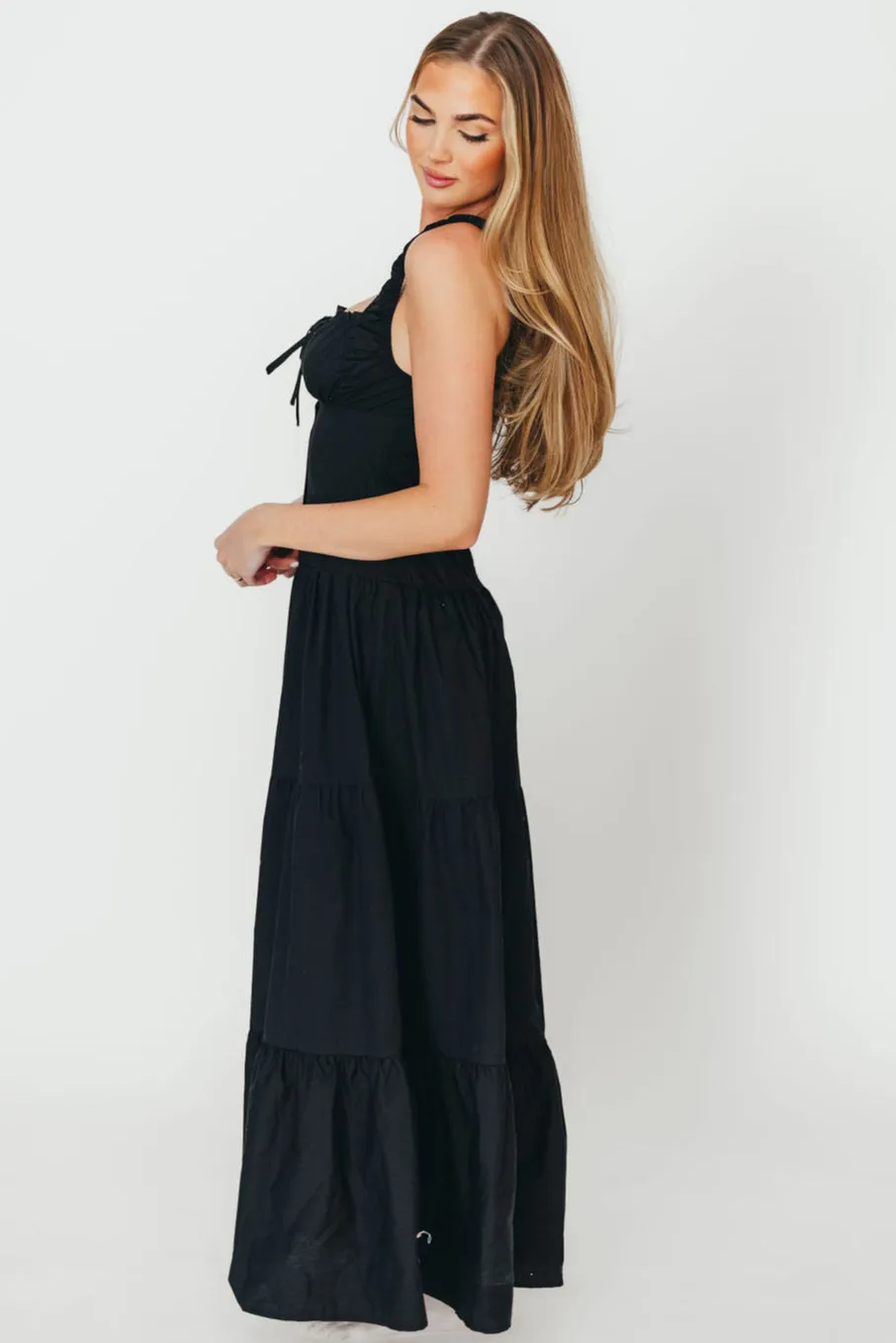 Sutton Corset Button Down Tiered Maxi Dress in Black