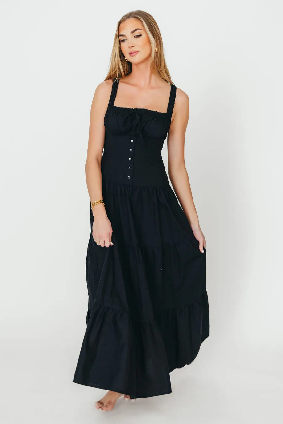 Sutton Corset Button Down Tiered Maxi Dress in Black