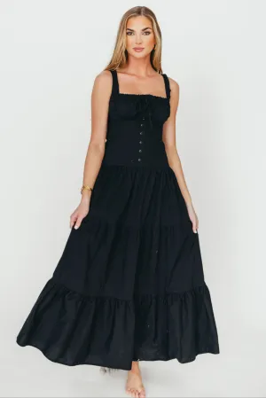 Sutton Corset Button Down Tiered Maxi Dress in Black