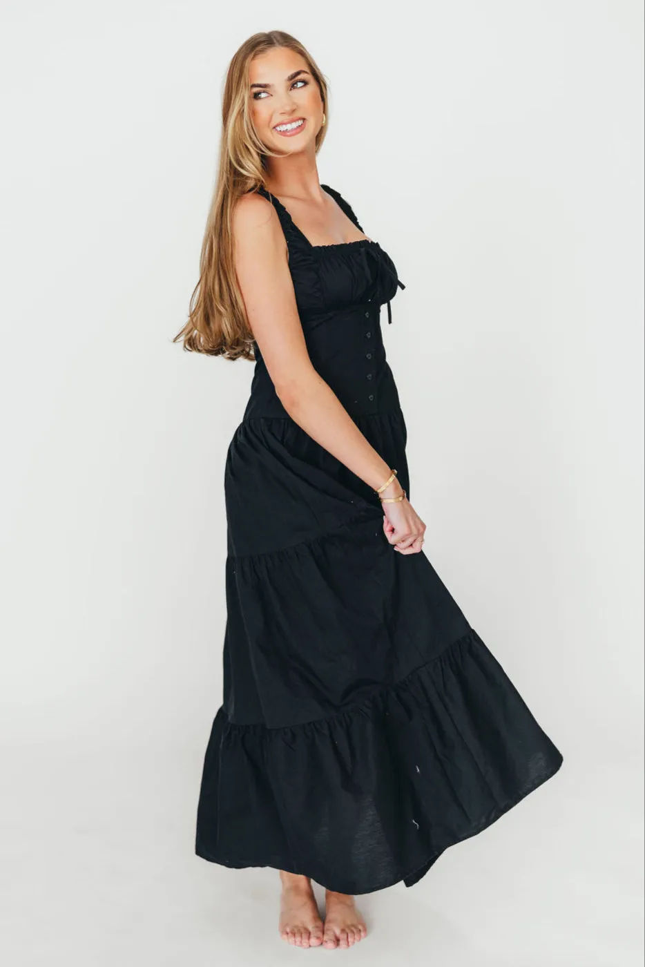 Sutton Corset Button Down Tiered Maxi Dress in Black