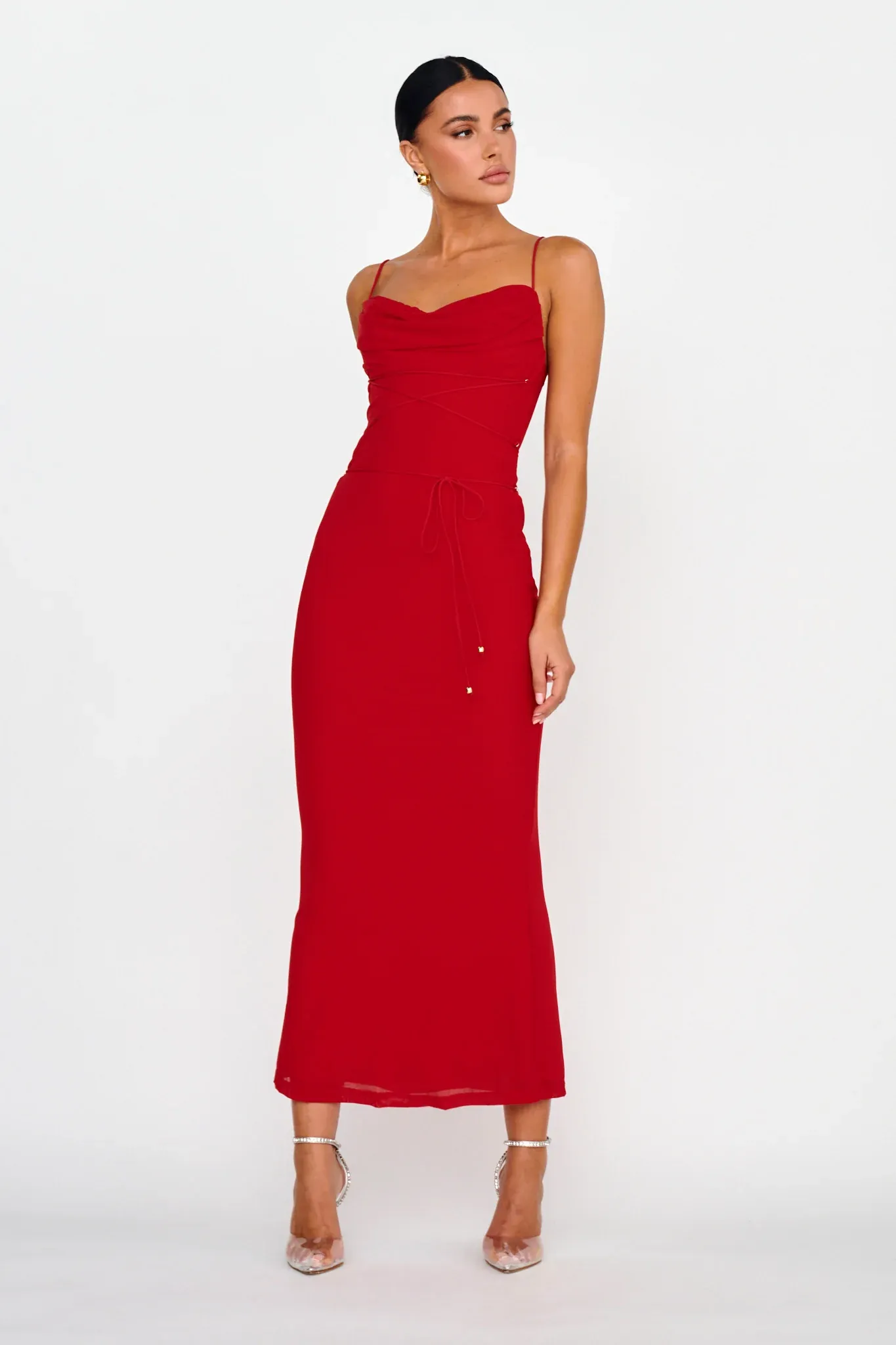 Teava Laced Waist Maxi Dress Red